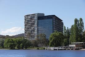 Hotel Hotel, Canberra — the landmark Nishi building with its sculptural green-accented architecture.
